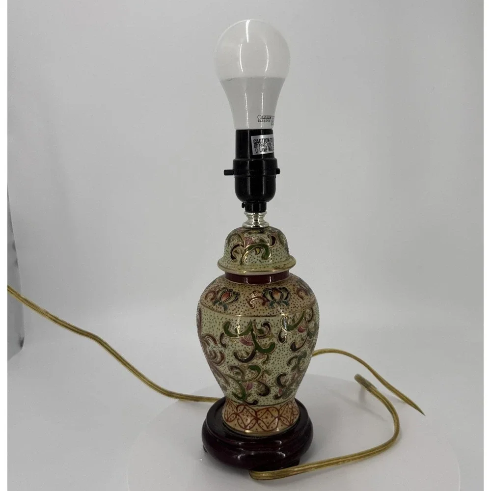 Vtg Asian Satuma Style Ginger Jar‎ Lamp Hand Painted Floral Chinoiserie Enamel
